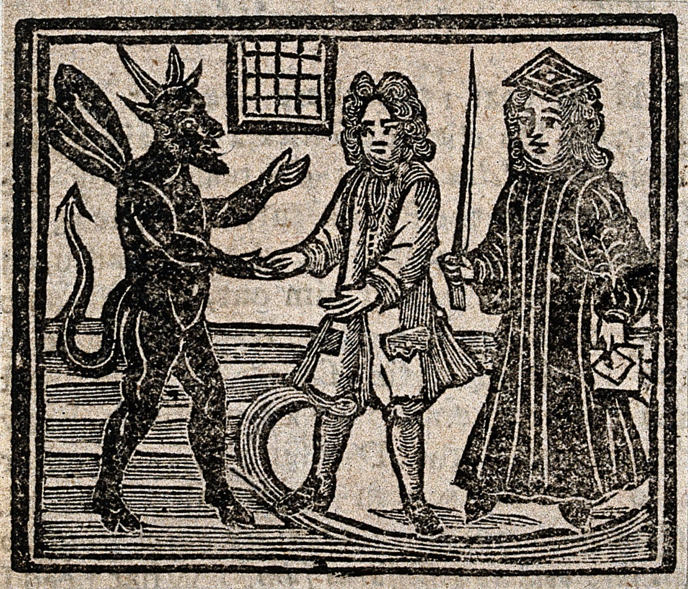 1720 Woodcut of the Devil and a Judge